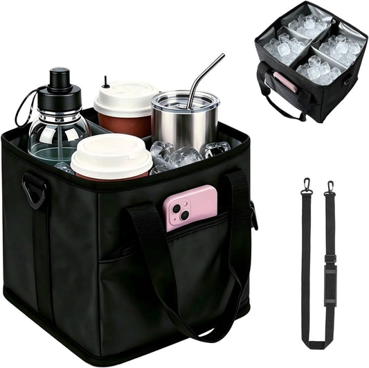 4 Cup Drink Carrier with Insulated Design - Collapsible Beverage Caddy with Adjustable Dividers & Shoulder Strap - Reusable Coffee Holder Tote Bag for Delivery, Travel & Car - No-Spill Drink Holder