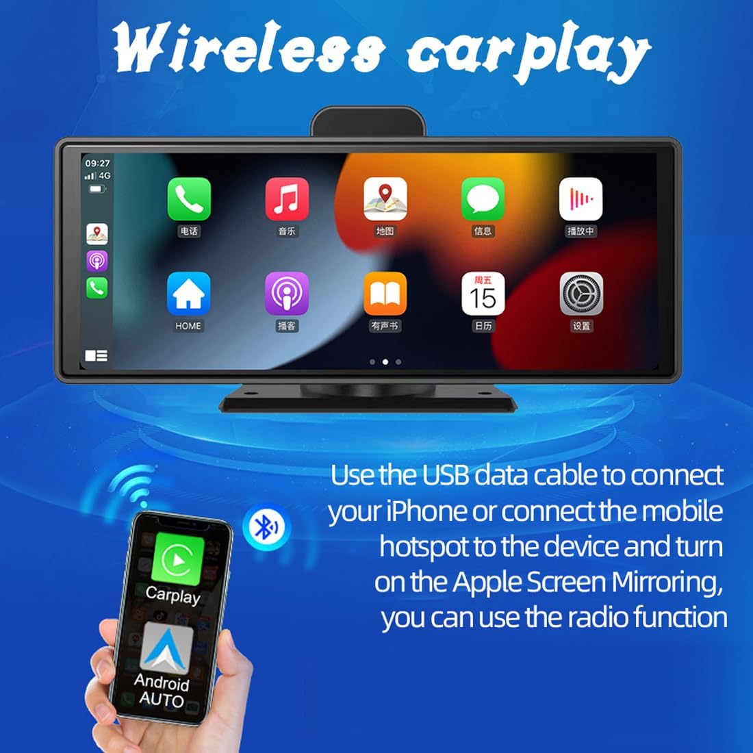 Portable Carplay Screen for Car, Carplay Android Auto 10" Touch Screen with 2K Dash Cam and Backup Camera, Car Stereo with Loop Recording, Bluetooth, Mirror Link, FM Transmitter