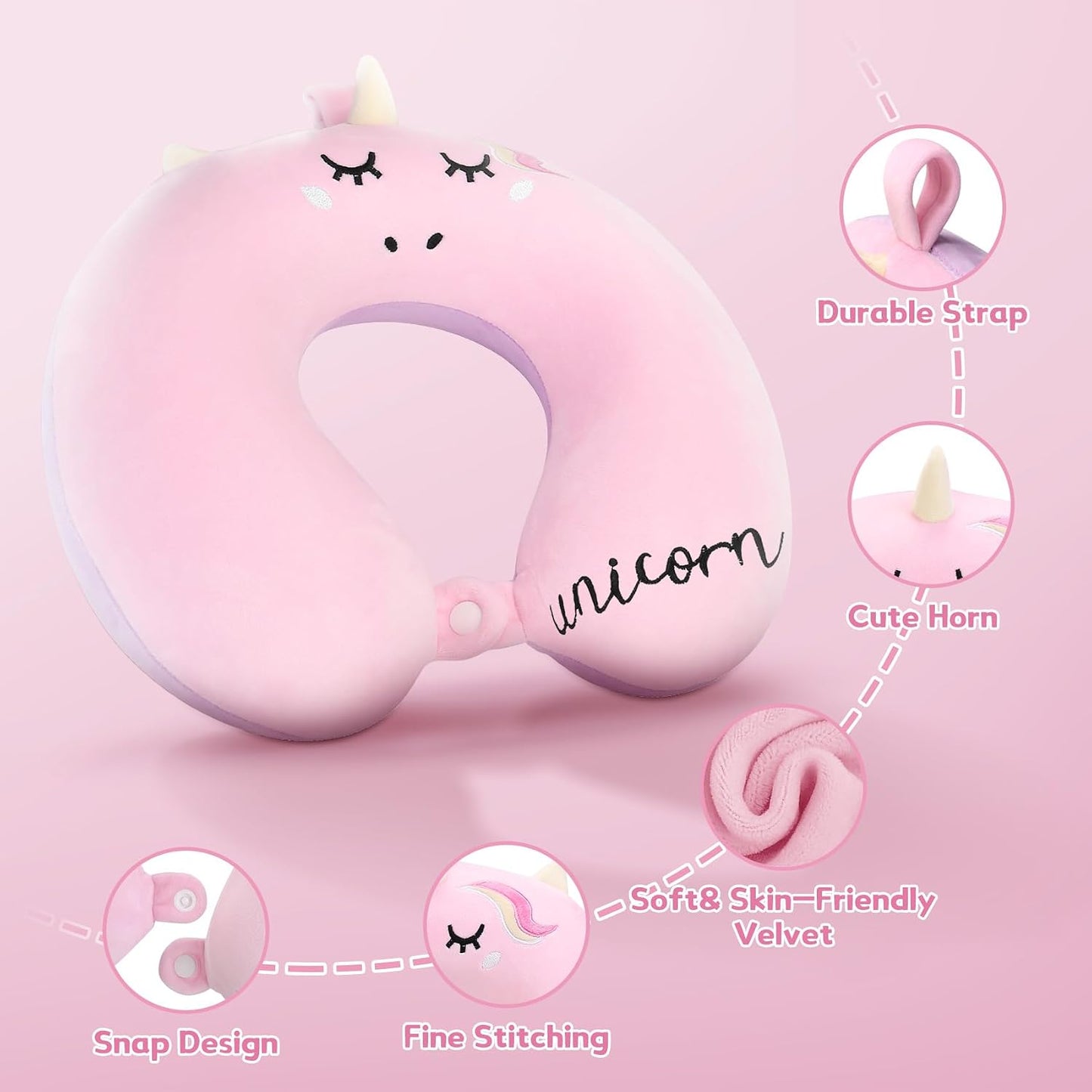 Kids Neck Pillow, Unicorn Kids Travel Neck Pillow for Traveling with Eye Mask, Toddler Travel Essentials for Road Trip Airplane Car Seat, Cute Headrest Memory Foam Pillows for Girl Gift (Pink)