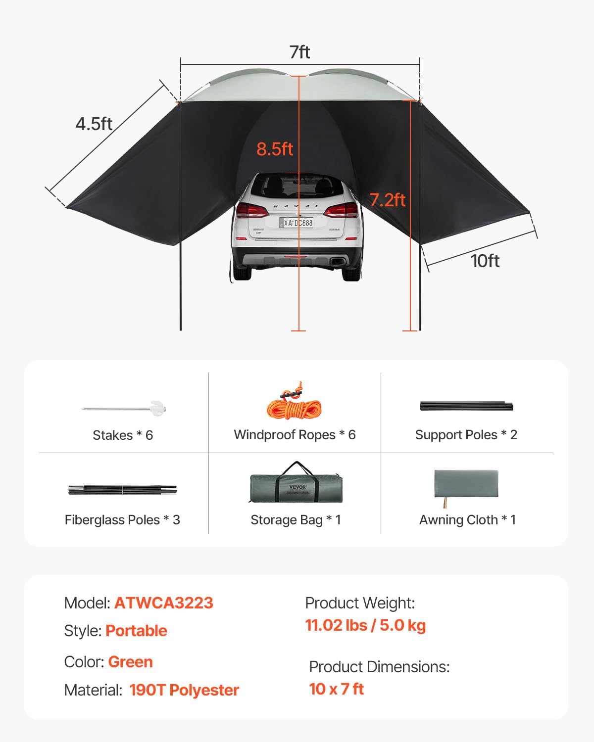 VEVOR Versatility Camping Tent, Auto Canopy Sun Shade UV50+ PU3000mm, Car Tailgate Sun Shelter for Truck Bed, SUV, RV, Van, Trailer and Overlanding, Portable Teardrop Awning Canopy Tear Resistant Tarp
