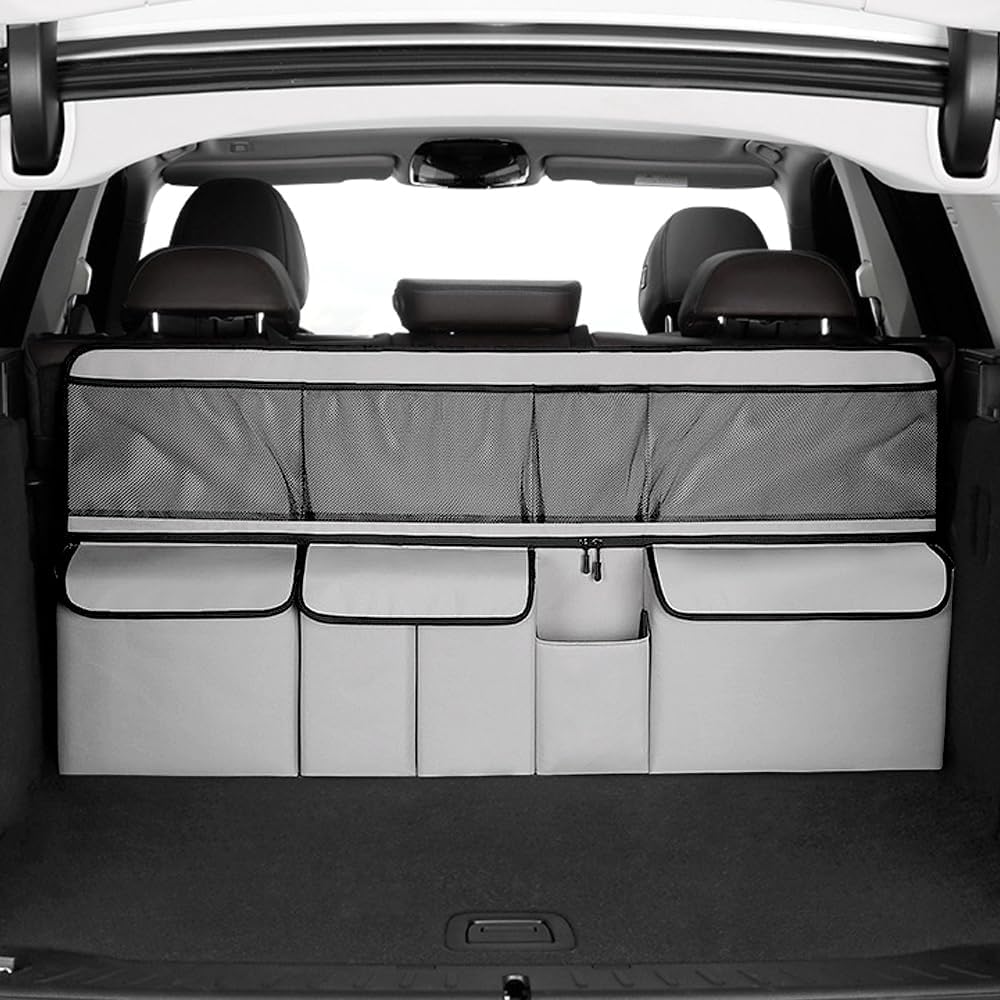 Viaviat Hanging Car Trunk Organizer, Collapsible Backseat Storage Bag with 9 Large Pockets for Medium or Large Size SUV, Truck, MPV, Car Interior Accessories (Light-gray)