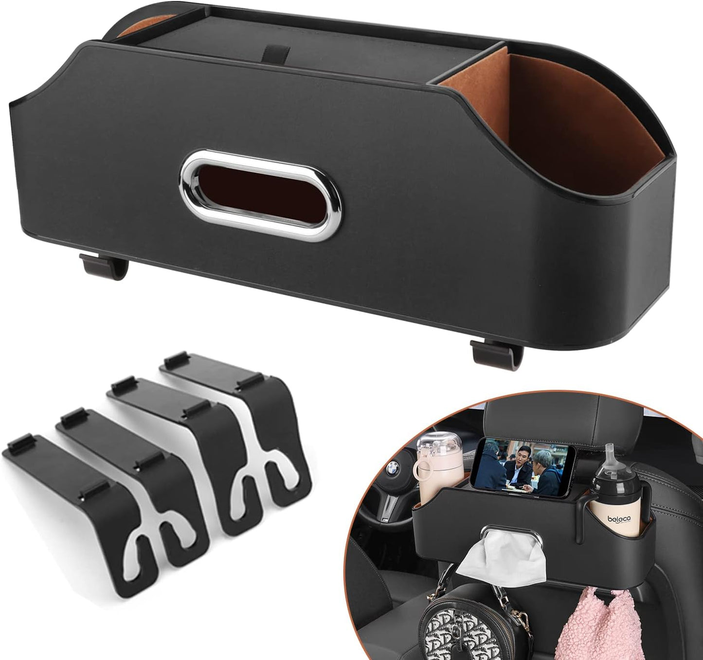 Car Seat Back Organizer - Stylish &amp; Functional Storage for Family Adventures - Cup Holders, Tissue Box &amp; Hooks - Perfect for Kids, Road Trips &amp; Travel (Black)