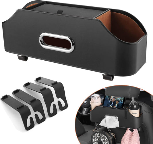 Car Seat Back Organizer - Stylish &amp; Functional Storage for Family Adventures - Cup Holders, Tissue Box &amp; Hooks - Perfect for Kids, Road Trips &amp; Travel (Black)