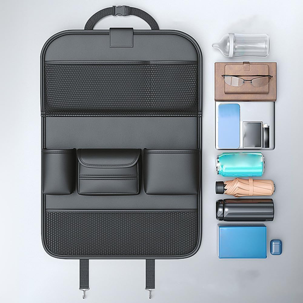 Primst 2 Pack Leather Car Backseat Organizer with Foldable Table Tray, Car Storage Organizer with Tablet Holder, Car Seat Back Protectors Kick Mats Travel Accessories