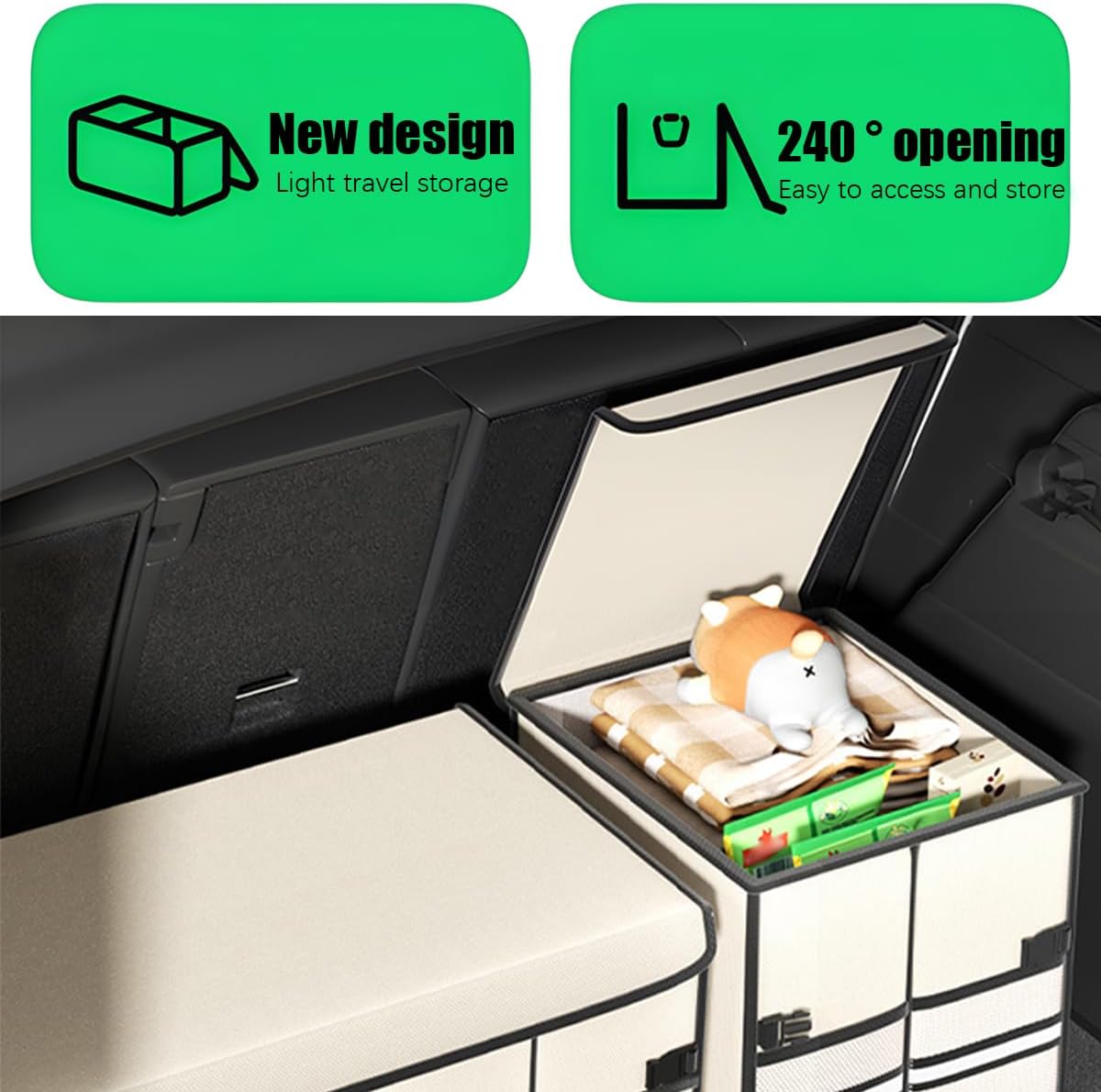 Car Trunk Organizer, Multi-Compartment Collapsible Vehicle Cargo Storage Organizer with Lid, Non Slip Waterproof Storage Box with Reinforced Handles, Universal Automotive Accessories (Beige)