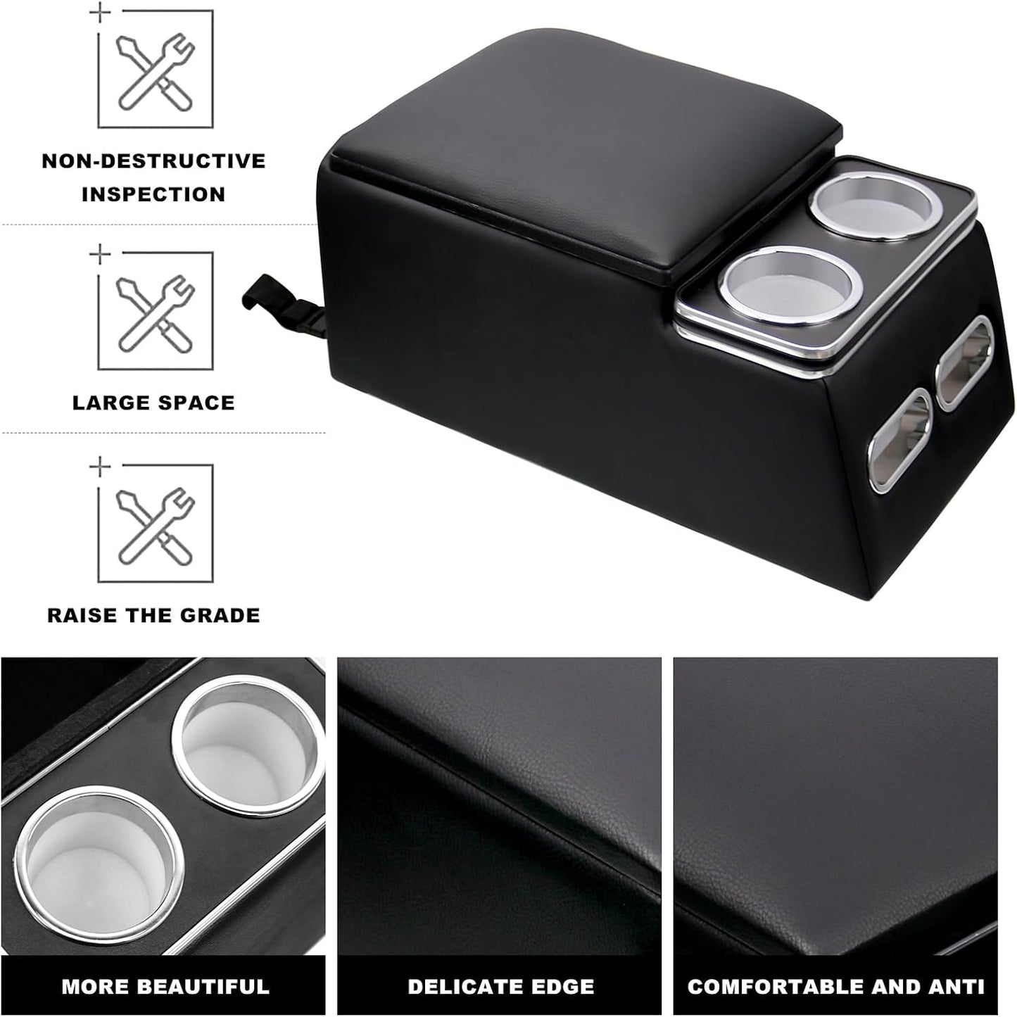 RULLINE Bench seat center console Universal Truck Seat/Bench Organizer with Cup Holders, Armrest, and Padded Top Lid - Ideal for Business and Storage - 124810 Contractor Console Black