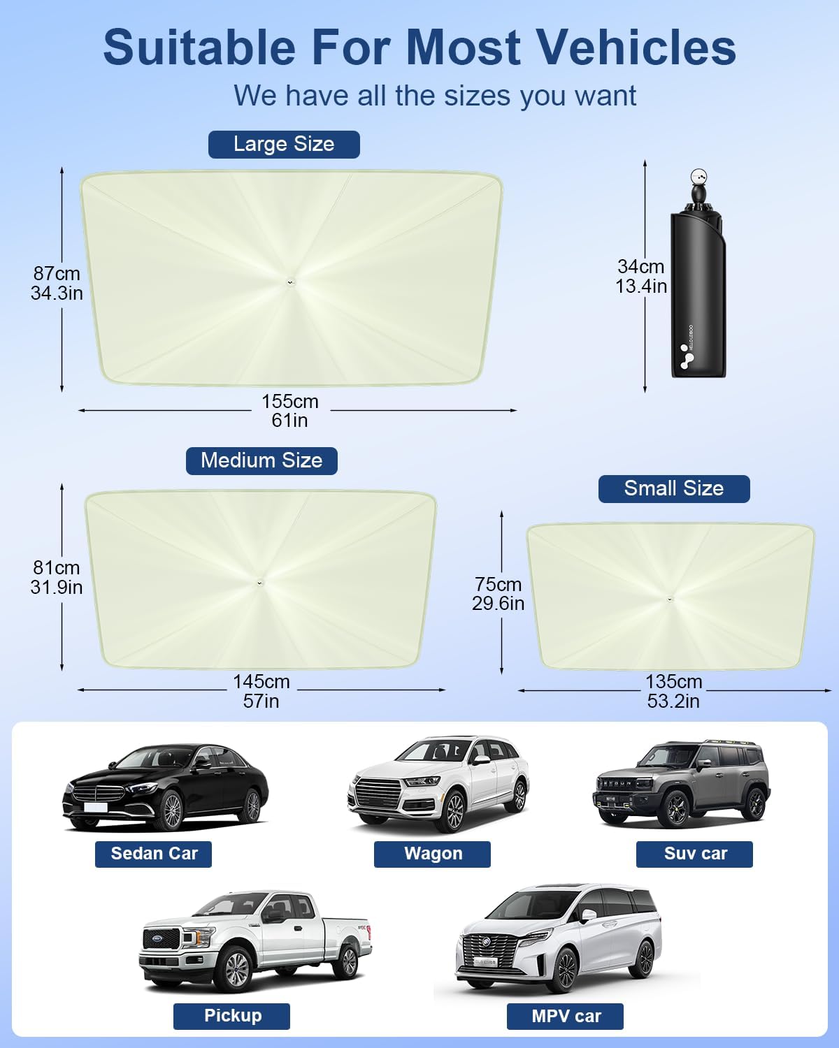 helloleiboo Car Windshield Sun Shade Umbrella 57" x 32", Windshield Sun Shade Foldable with 5-Layer Thickened Vinyl Coating Reflective Heat & UV Protection Fits Most Sedans & Compact SUVs