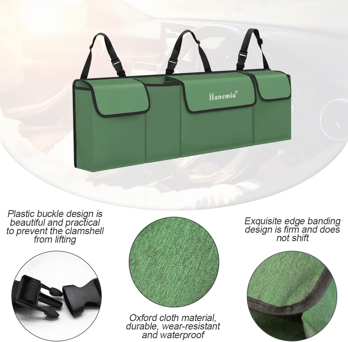 Car Trunk Organizer and Storage, Backseat Hanging Organizer for SUV, Truck, MPV, Waterproof, Collapsible Cargo Storage Bag with 4 Pockets, Car Accessories for Men and Women (Army Green)