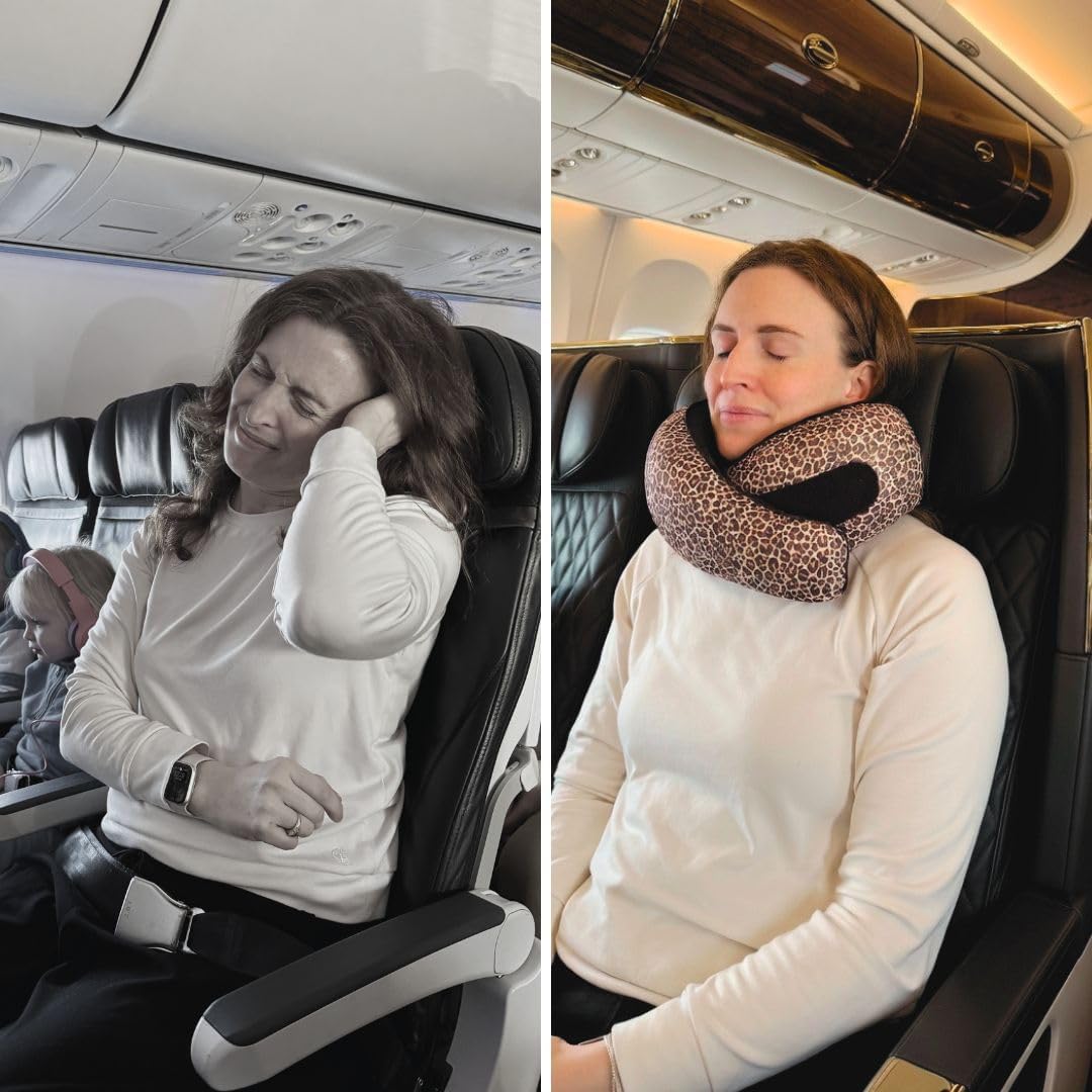 FlyHugz® Neck Travel Pillow Memory Foam Neck Pillow for Comfort on Airplane Compact and Ergonomic Design for Travel, Car Rides, and Home Use Ideal for Adults and Kids. (Leopard Print)