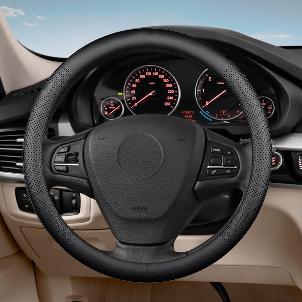 Car Steering Wheel Cover,Universal 15 Inch Premium Leather Car Steering Wheel Cover,Best Grip,Perforated Design,Breathable,Non-Slip,Sweat-Absorbent,Warm in Winter and Cool in Summer (Black)