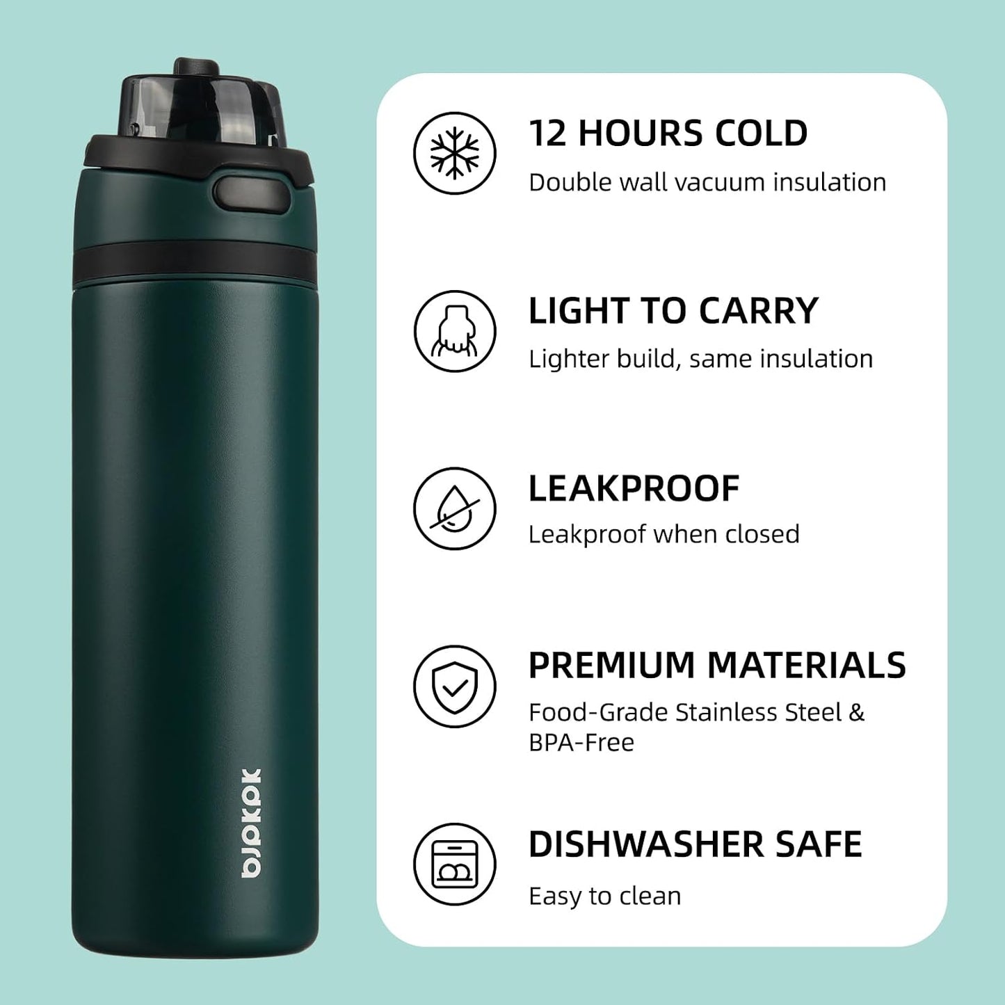 BJPKPK 25oz Insulated Water Bottle with 2-1 Straw Spout Lid, Stainless Steel Metal Water Bottles with Carry Handle, BPA Free, Leak-Proof, Fits in Car Cup Holder, Thermo for Sports,Army Green
