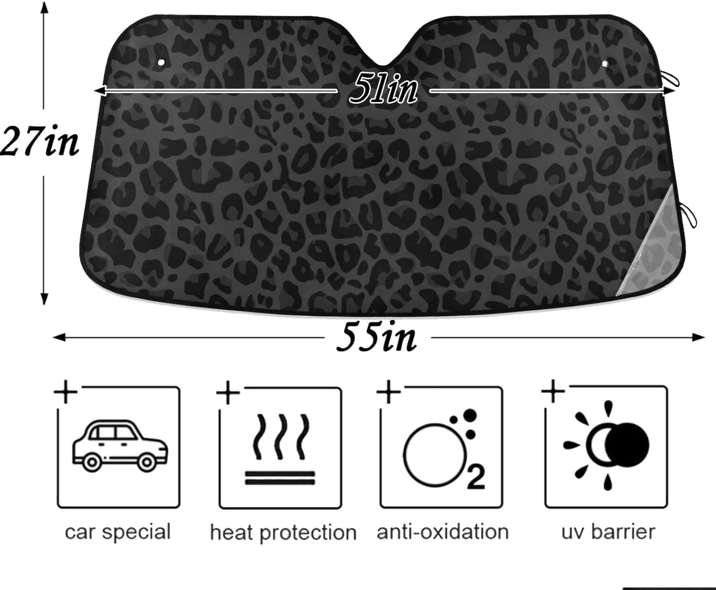 Black Leopard Car Windshield Sun Shade African Animal Skin Print Foldable UV Ray Sun Visor Protector Sunshade to Keep Your Vehicle Cool (51" x 27")