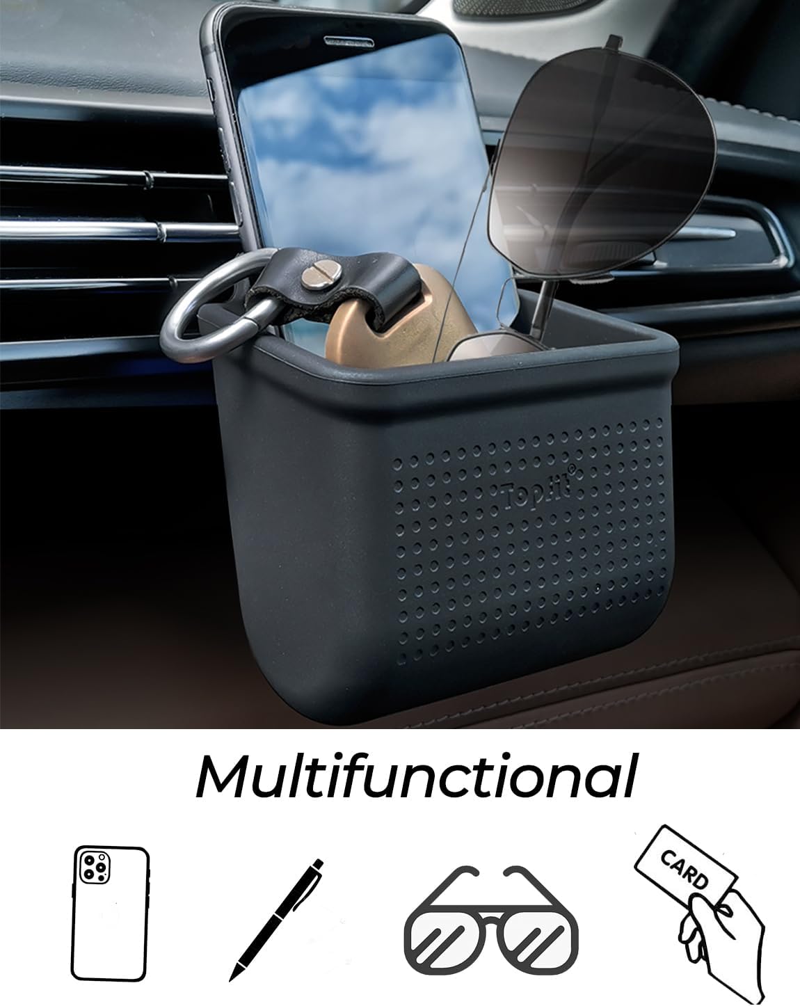 Car Air Vent Storage Bag Organizer Pocket Sunglass Holder Car Mount Phone Holder Coin Key Card Case Organizer with Hook- Black