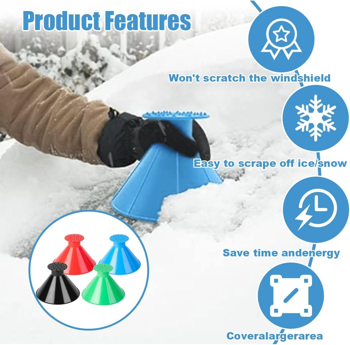 GLSOWEE 4PCS Magical Ice Scrapers for Car Windshield, Cone-Shaped Car Snow Remover with Funnel, Round Snow Scraper Car Snow Removal Shovel Tool, Frost Wipe Scraper Car Window Cleaner for Ice & Snow