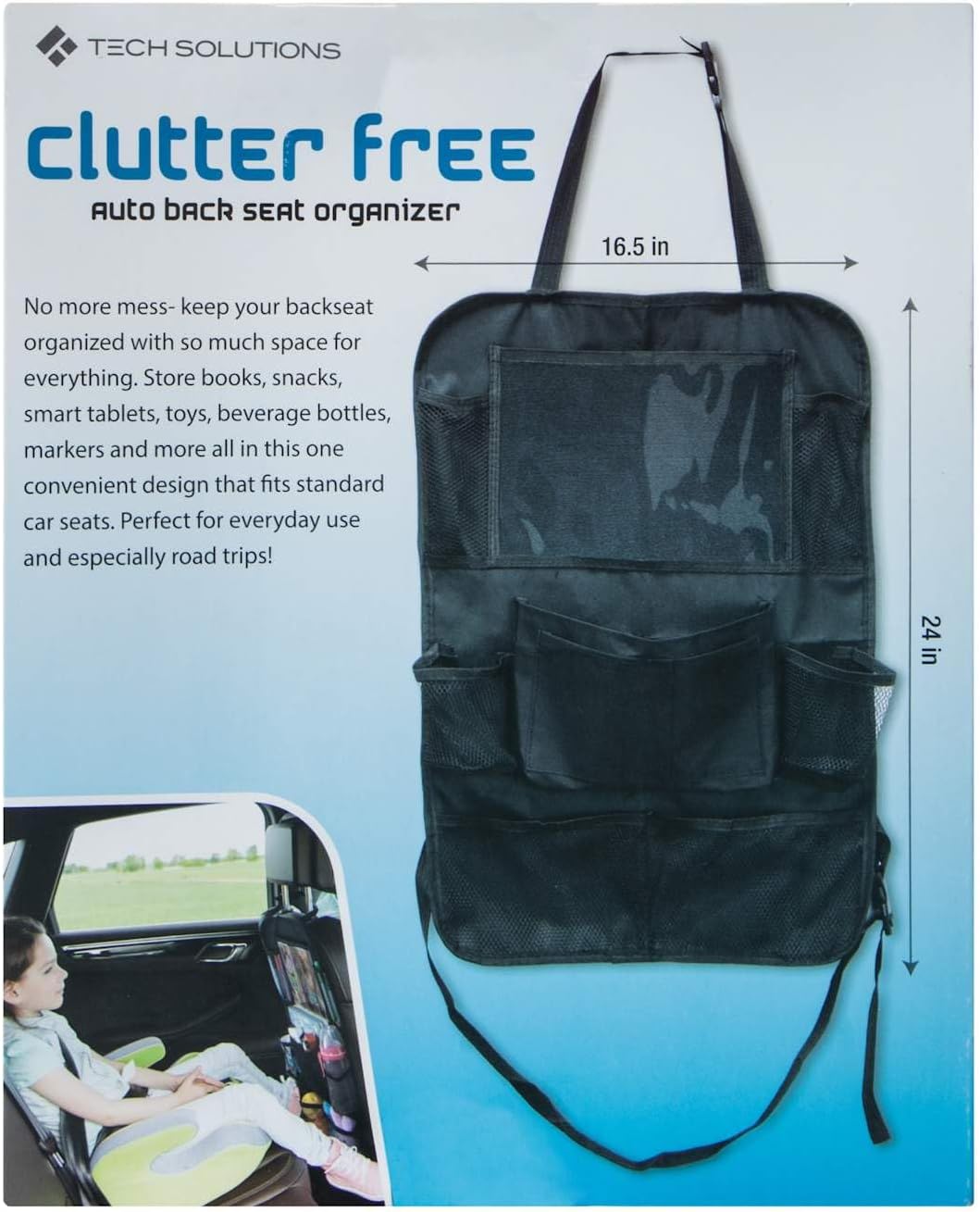 Tech Solutions Clutter Free Car Back Seat Organizer, Multi-Pocket Storage System, Black