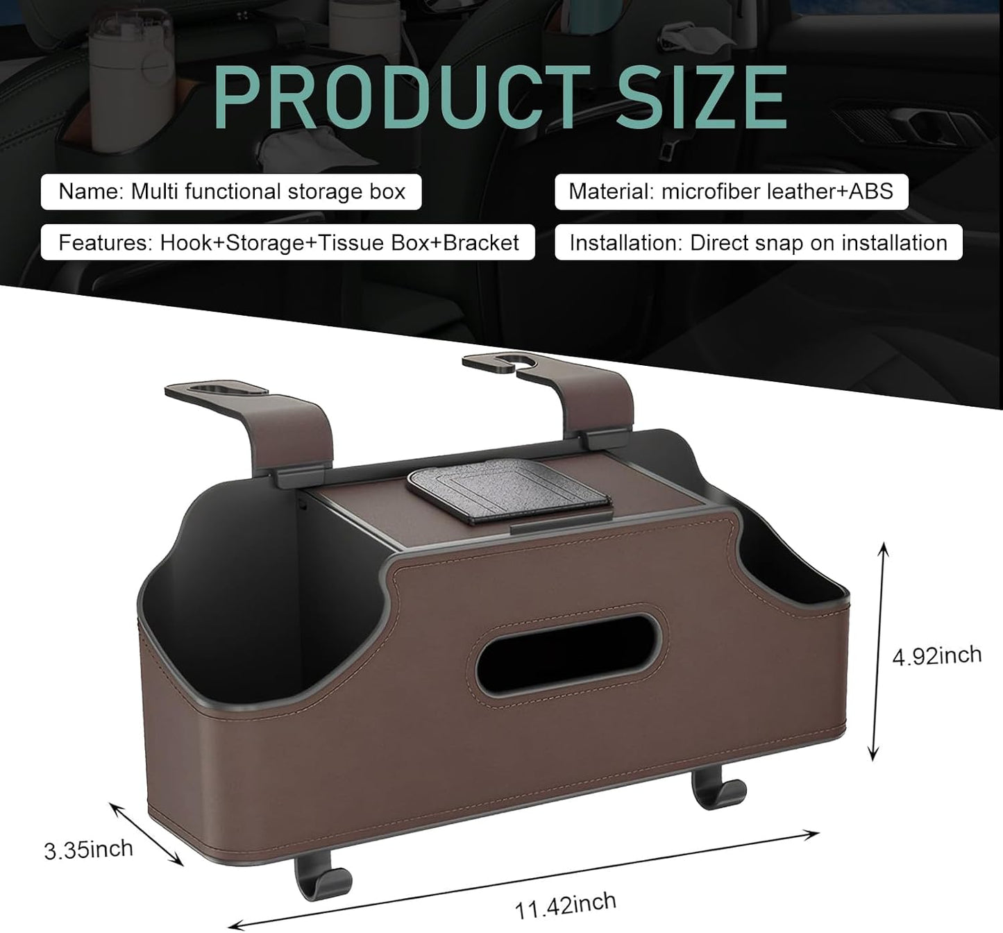 Car Seatback Organizer with Cup Holder, Leather Headseat Tissue Box and Storage Box, Multifunction Auto Rear-mounted Mobile Phone Holder, for Most Cars (Brown)