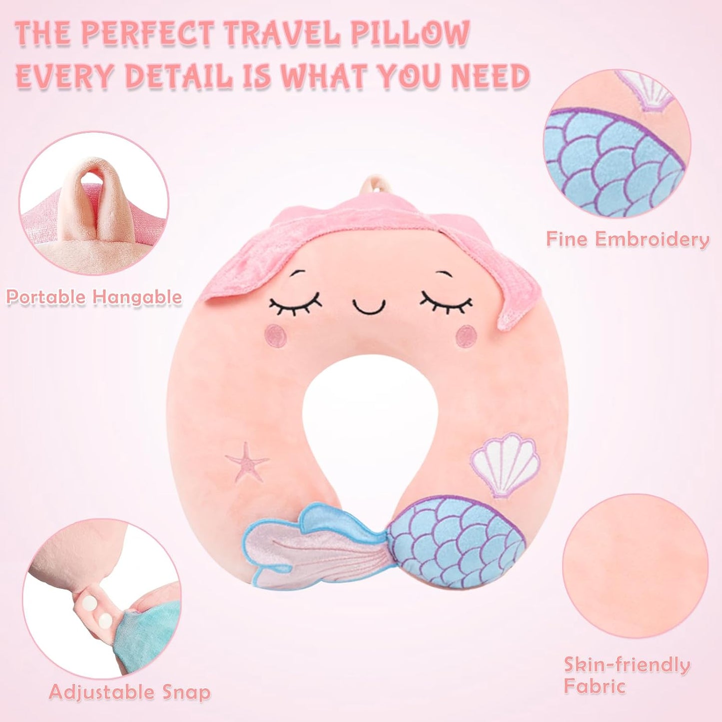 Travel Pillow, Travel Accessories for Car Airplane Traveling, Soft Memory Foam Kids Travel Pillow with Sleep Eye Mask Kids Neck Pillow for Boys & Girls - Cute Pink Mermaid