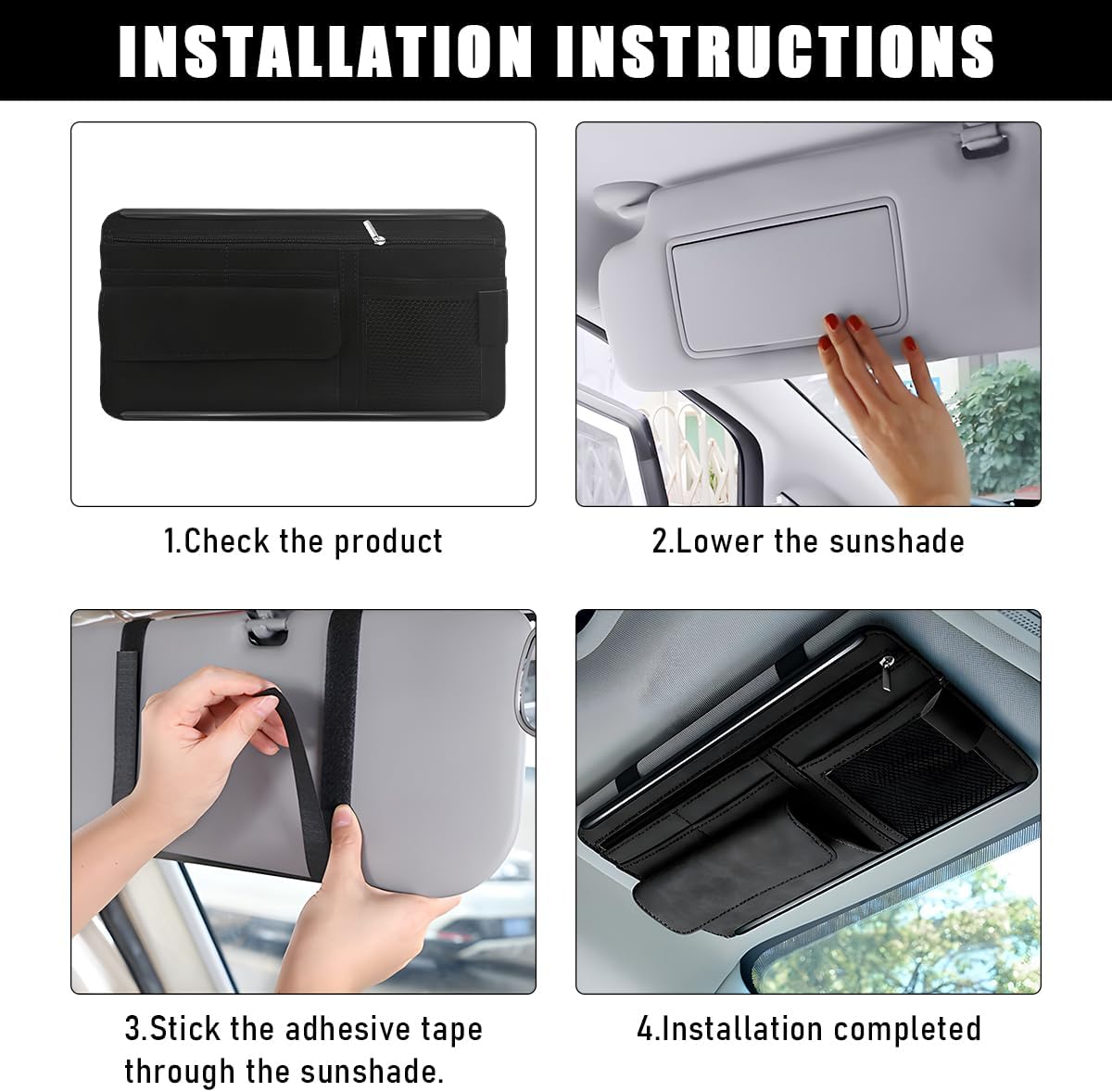 Yourkar Car Sun Visor Organizer, Soft Leather Surface Eyeglasses Note Card Holder Car Storage Bag, Scratch-Resistant Waterproof Auto Sunshade Organizer Bag, Car Accessories (Black)