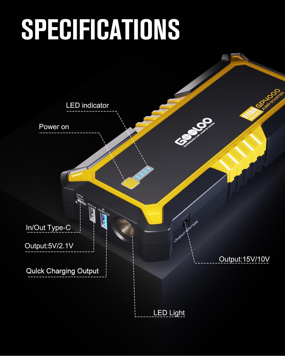 GOOLOO GP4000 Jump Starter - 4000A 12V Car Battery Jumper Starter Portable