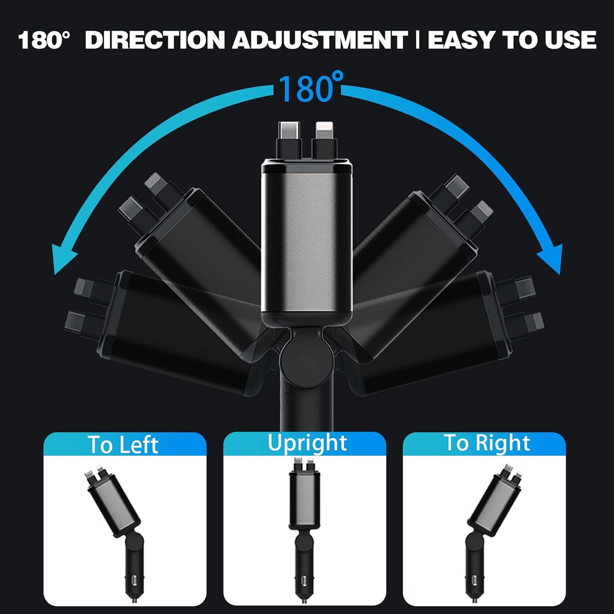 Starlight Retractable Car Charger,66W Fast Car Chargers Adapter 4 in 1 with 2 USB Car Chargers for Phone iPhone 16/15/14/13/12/11 and for Android - Black