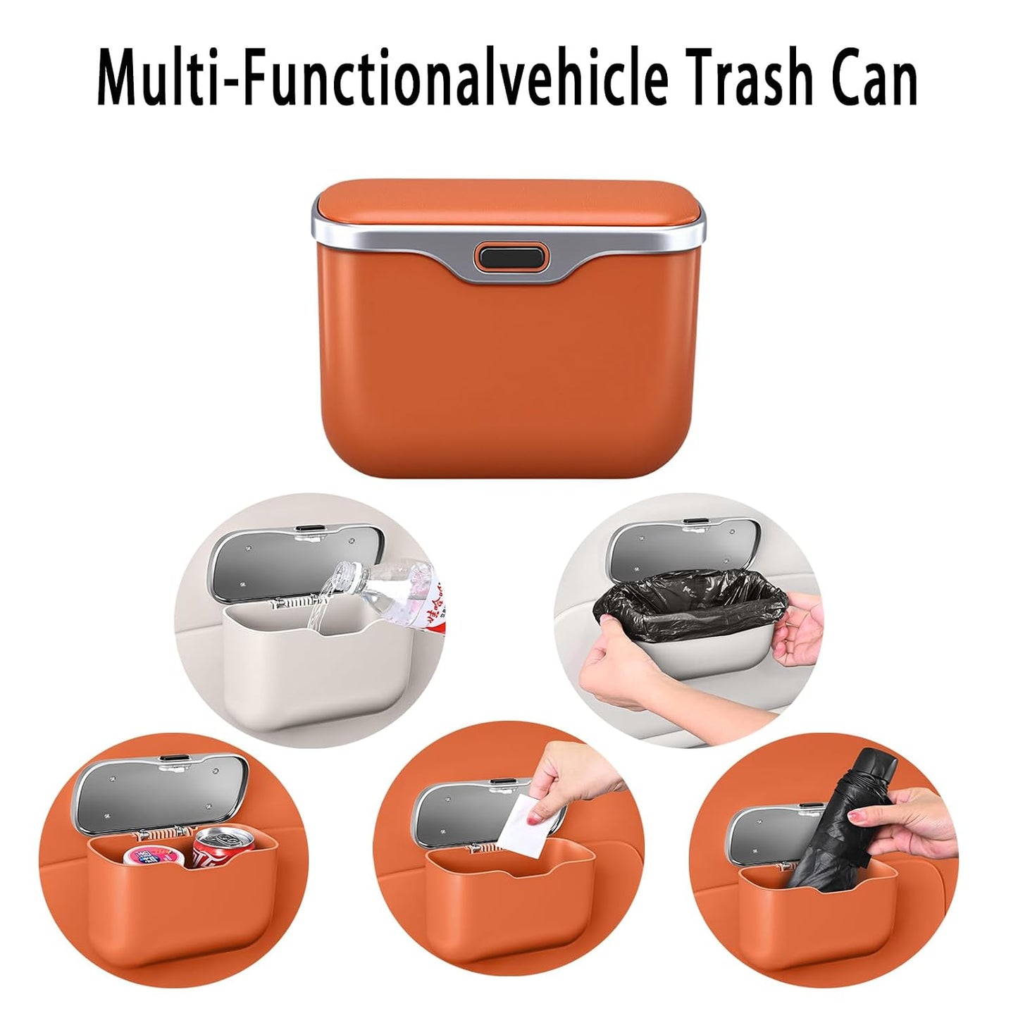 Car Trash Can with Lid, Leakproof Auto Garbage Bin, Waterproof Car Trash Bag Holder with PU Leather Top for Back of Seat/Door, Fit for SUVs, Sedans, Trucks Black