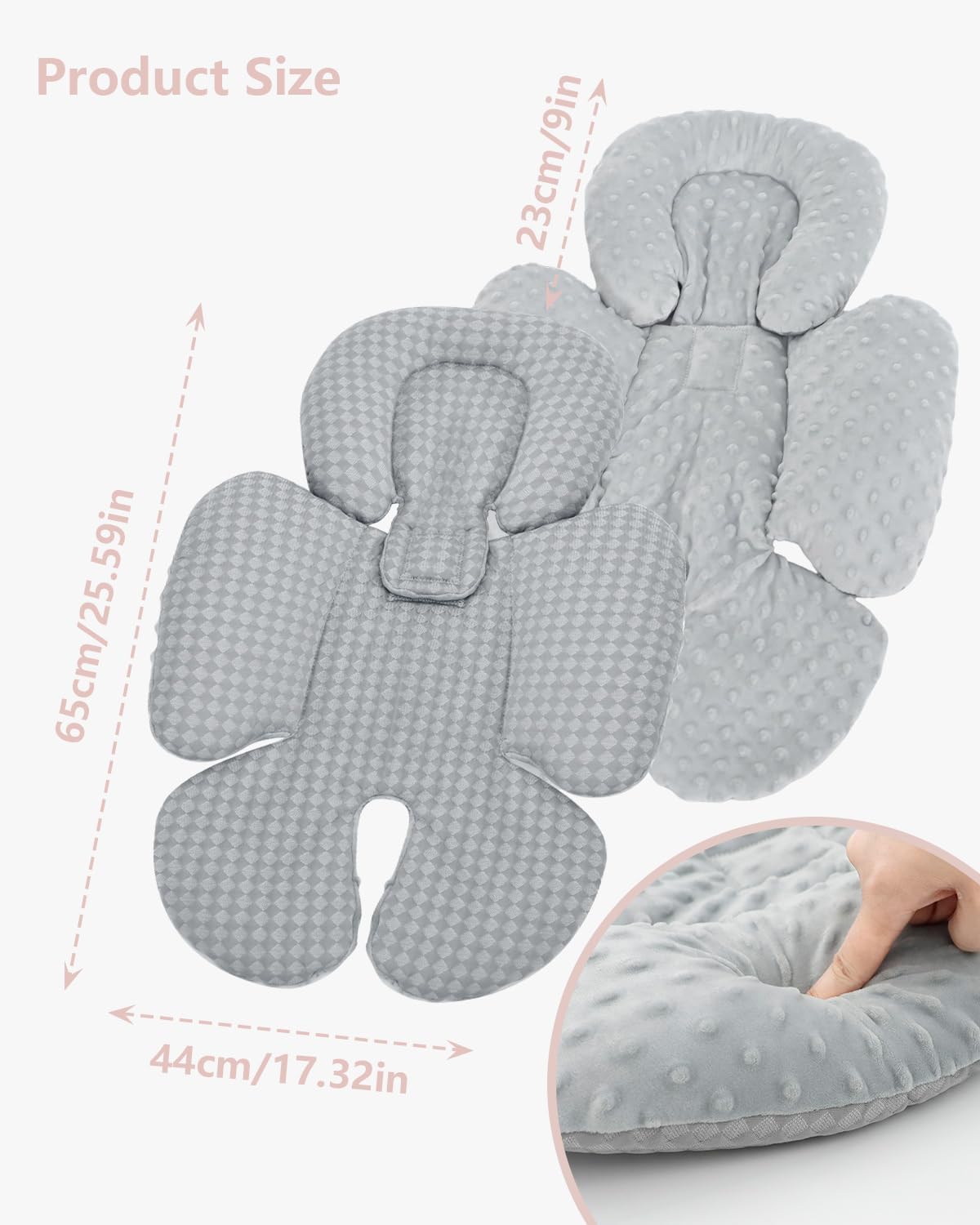 KAKIBLIN Infant Car Seat Insert for Baby, Car Seat Cooling Pad, Reversible Newborn Car Seat Insert Head Body Support for Summer, Fits for Stroller, Swing, Bouncer, Bassinet, Boys and Girls (Grey)