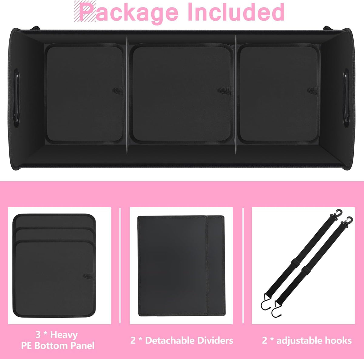 AOPHY Trunk Organizer for Car, 95L Large Capacity Trunk Storage with Non-Slip Bottom Strips, Cargo Organizer for Suv, Truck, Sedan, Waterproof Portable Car Organizers for Women Men(Pink)