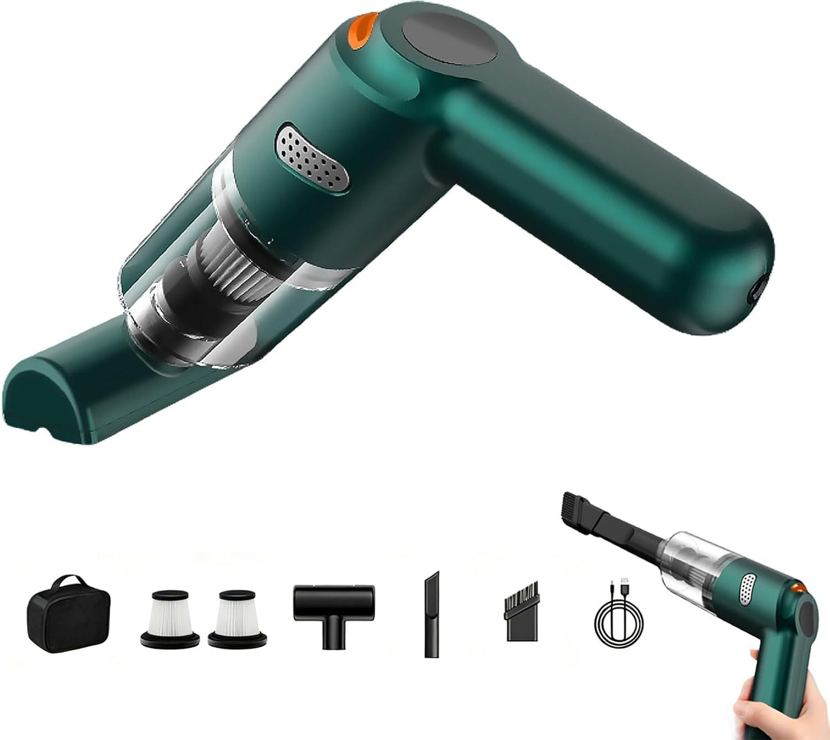 High-Power Cordless Vacuum Cleaner Kit for Car, 10000pa Mini Portable Handheld Vacuum Cleaner with Washable Filter, 4000mah Rechargeable Lightweight for Car, Home, Office, Pet Hair (Green-Deluxe)