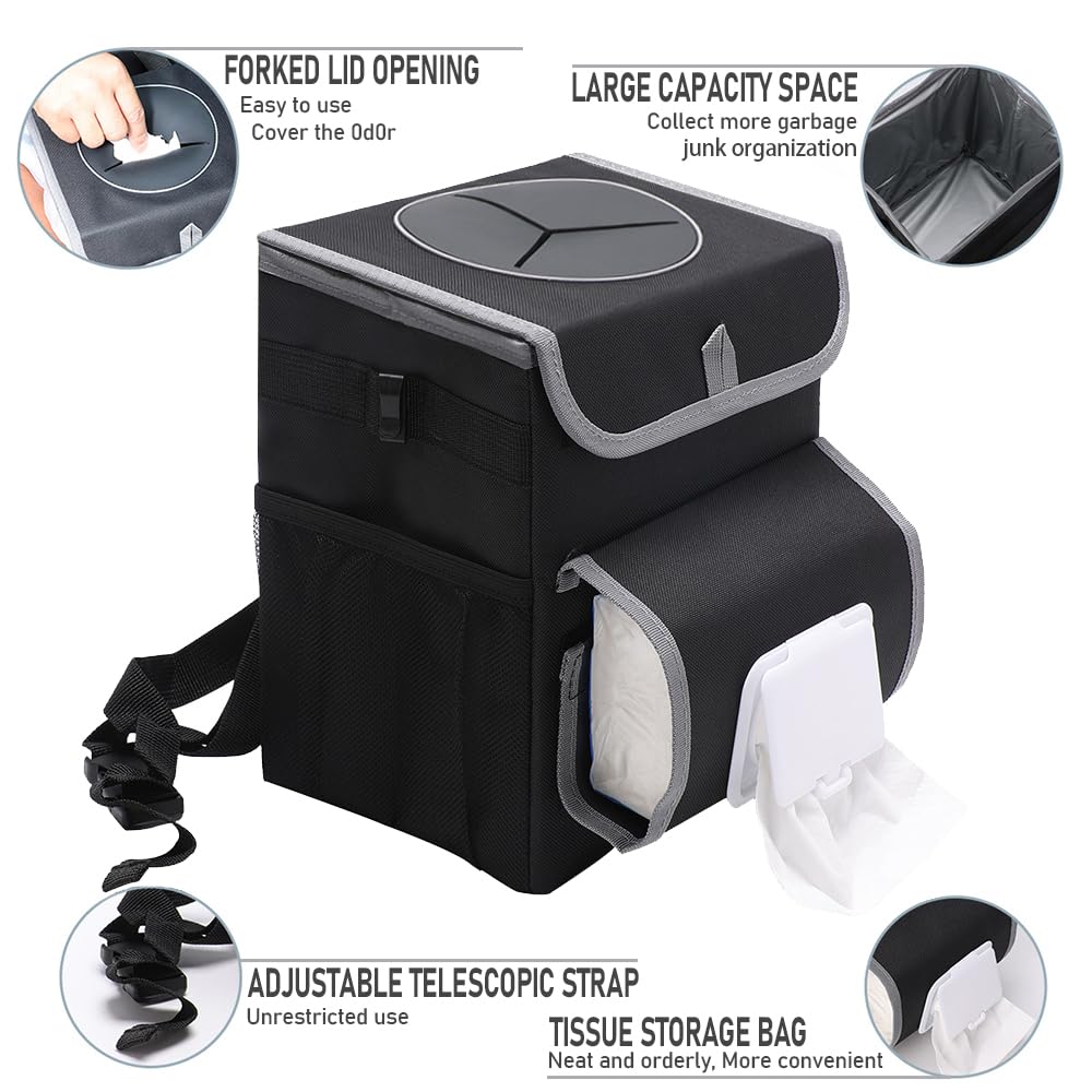 upra Car Trash Can with Lid,Bag Hanging Storage Pockets,Adjustable Tissue Holder & Straps,Portable Waterproof Garbage Bin, 1.98 Gal Large Capacity Multipurpose Bin