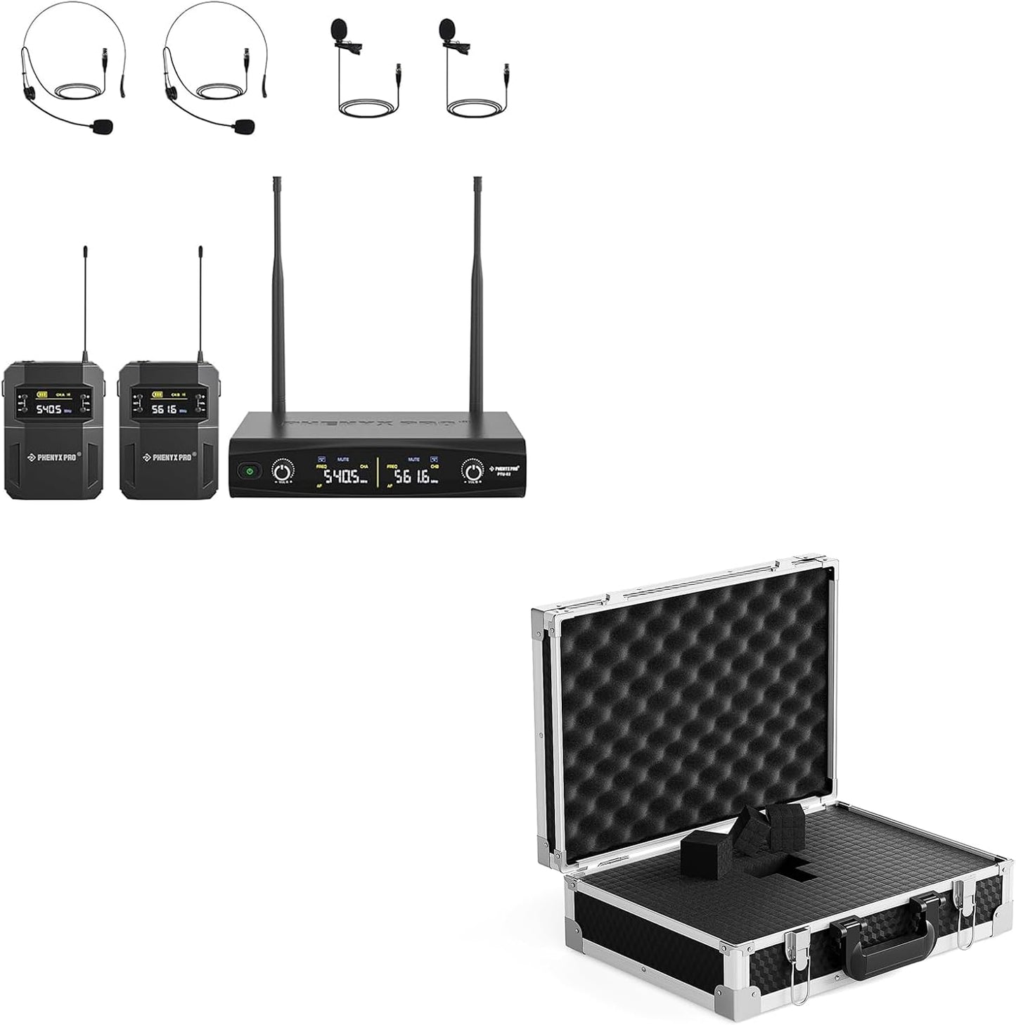 Phenyx Pro Dual Wireless Microphone System PTU-52-2B Bundle with The Customizable Medium Size Carrying Case
