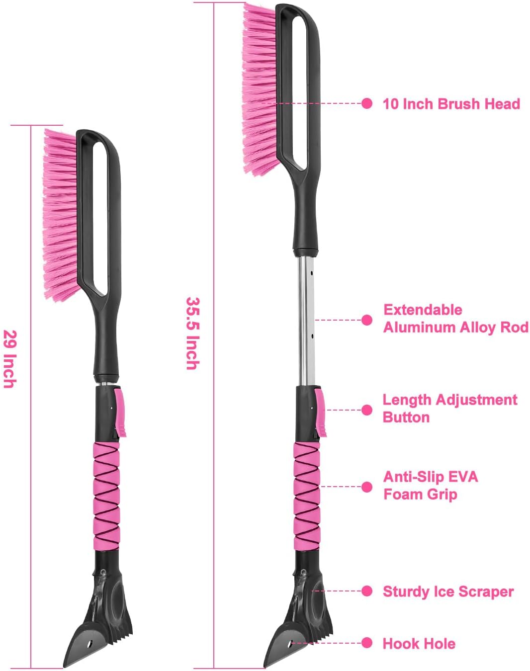 SEAAES 35.5 Inch Extendable Car Snow Brush, Windshield Snow Scraper - Pink