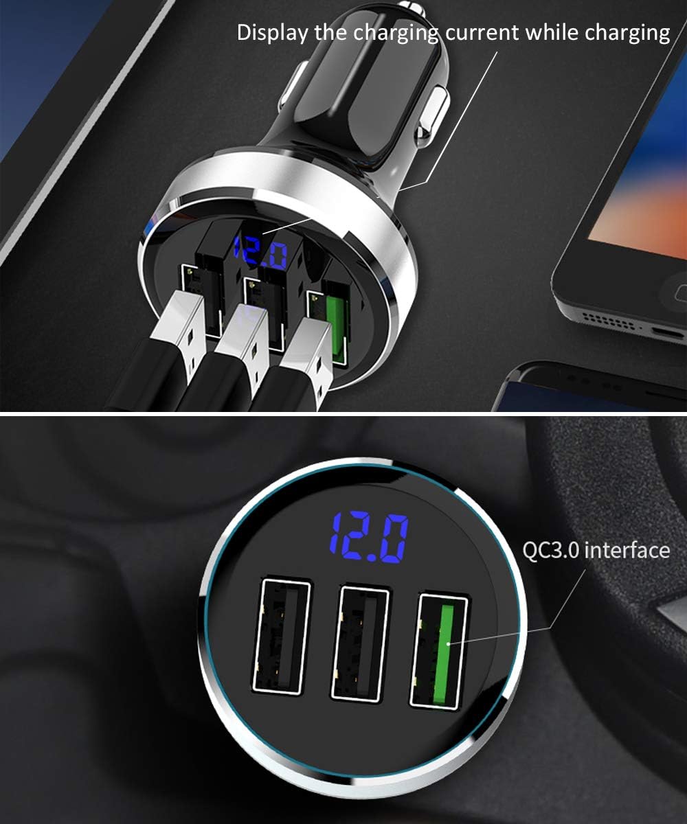 LIHAN 3 USB Car Charger,12V/24V Voltage Meter, Silver