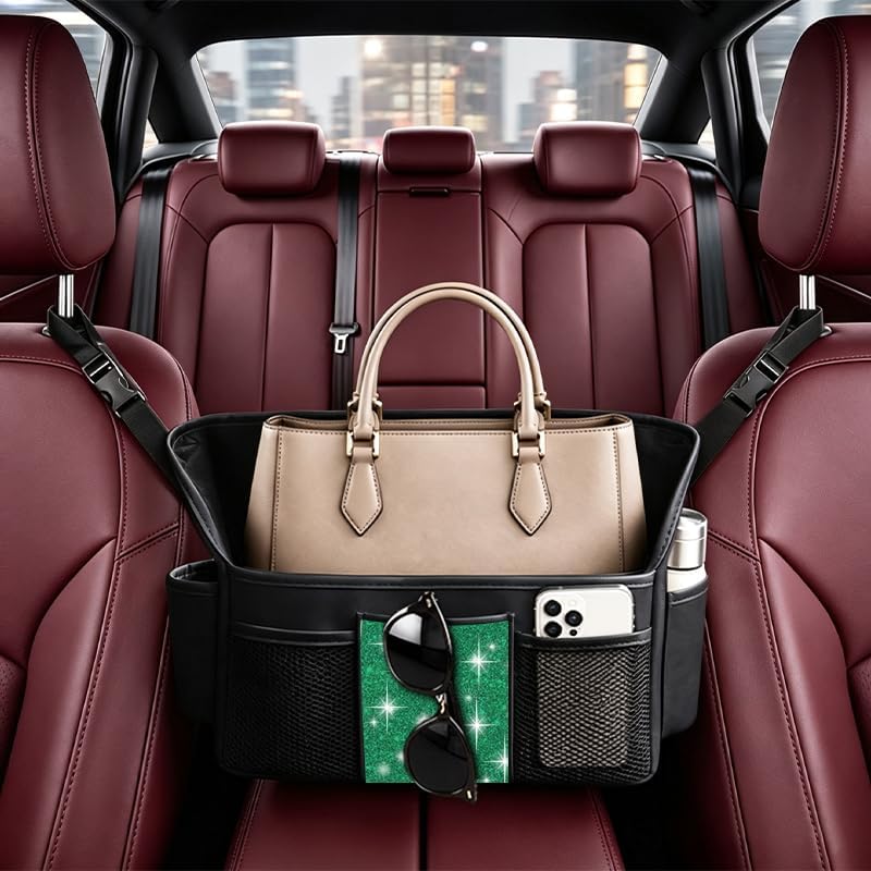 Color Diamond Car Handbag Holder Between Seats Bling Rhinestone Car Storage Bag Large Capacity Purse Phone Automotive Consoles Organizer Safe Barrier of Backseat Pet Kids…