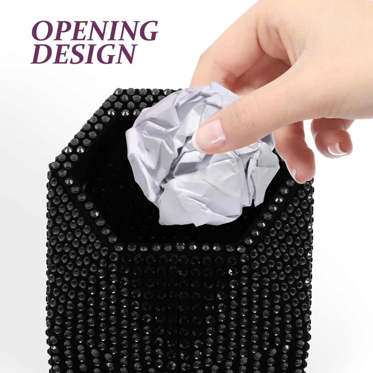 iplusmile Bling Car Trash Can with Lid – 3.2 in Black Rhinestone Sparkle, Leak-Proof Cup Holder Bin, Odor-Seal Mini Garbage Container for Women, Girls, Car Interior & Vanity Desk
