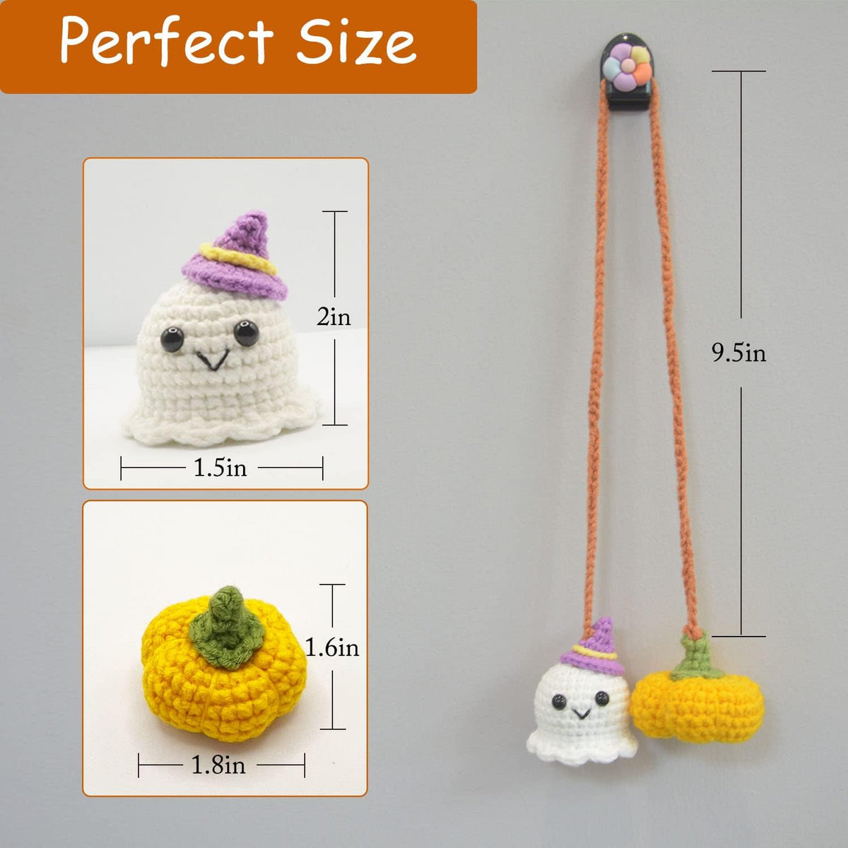 Halloween Outdoor Decorations Crochet Pumpkin and Ghost Car Decor for Rear View Mirror, Hand-Woven Mirror Charm Car Accessories for Women or Men (Orange Pumpkin and Ghost)