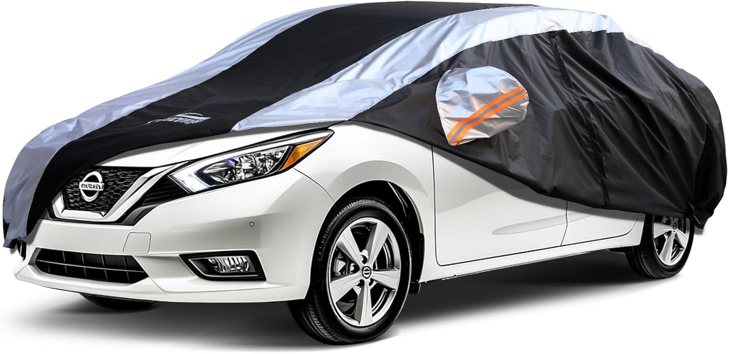 Versa Car Cover Waterproof All Weather with Silver Strip Design, Custom Fit for Versa 20012–2025, Versa Accessory with Door Zipper & Windproof Straps