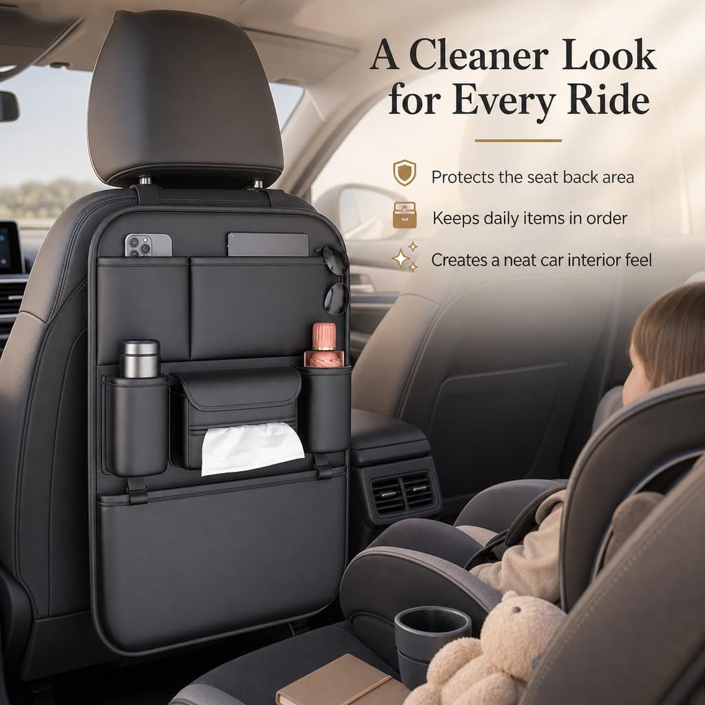 Leather Car Seat Organizer for Cars, SUV & Truck - Back Seat Headrest Storage Organizer with 6 Pockets, Large Capacity Waterproof Car Organizer Pocket for Phone, Bottle, Tissue, Toys