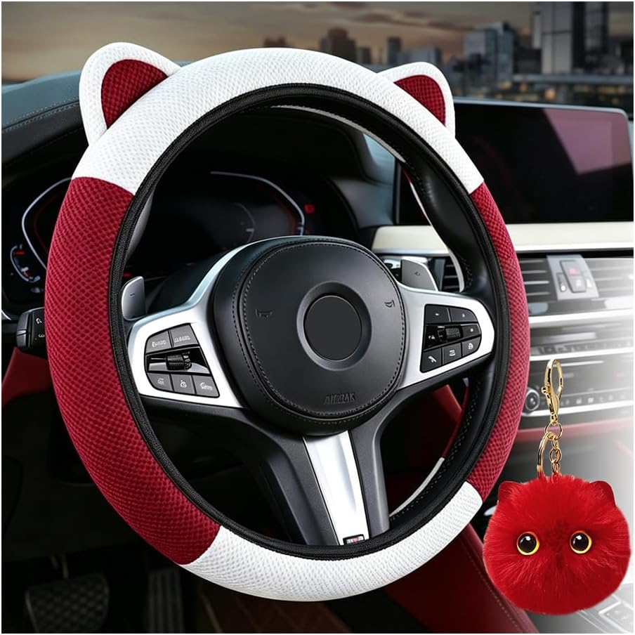 Leopard Fluffy Car Steering Wheel Cover with Keychain 14-15 inch Gray White