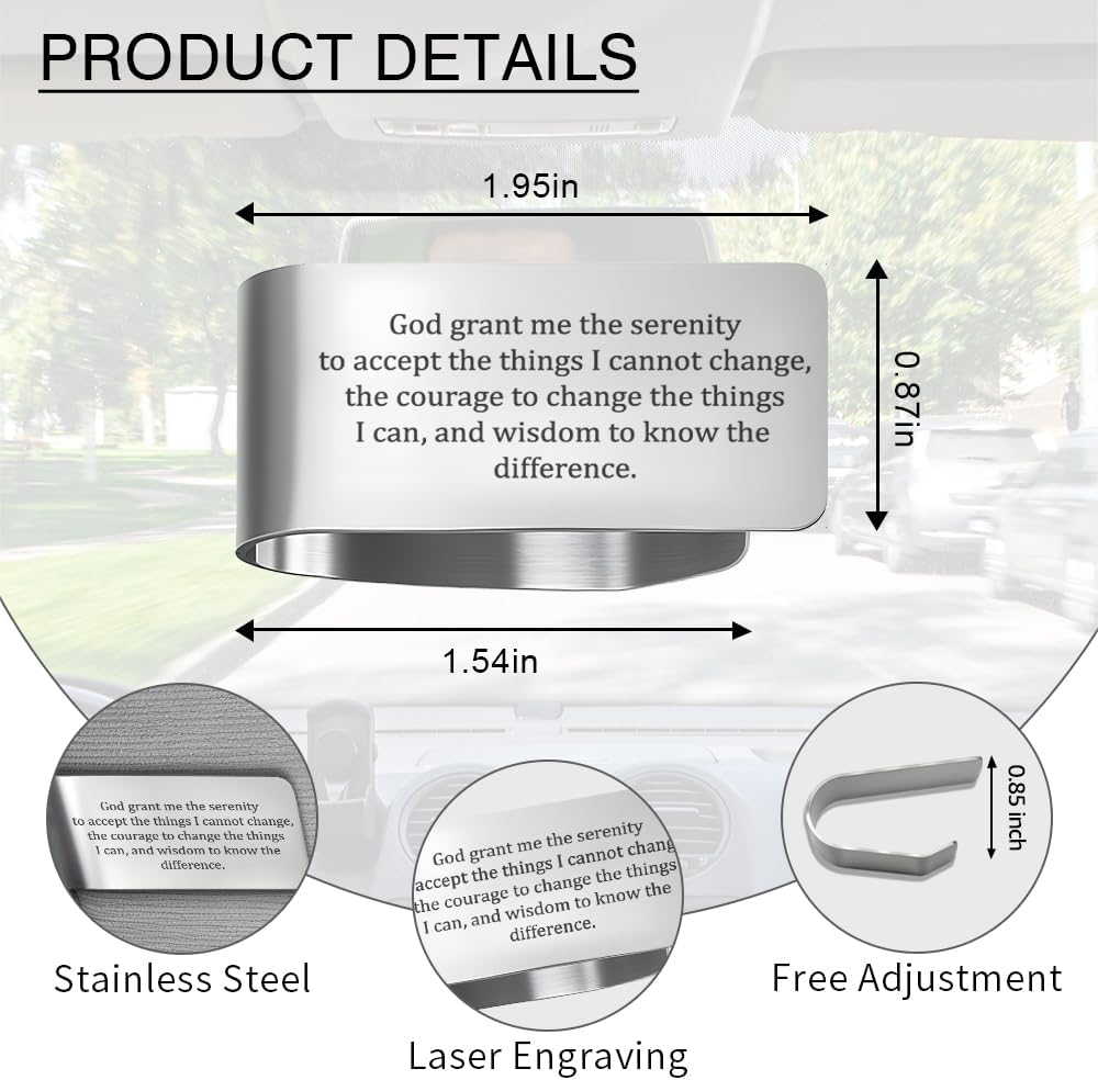 God Grant Me The Serenity to Accept The Things I Cannot Change Engraved Stainless Steel Car Visor Clip, Inspirational Safe Driving Gifts for Family Friend Driver, Drive Safe God Prayer Gifts