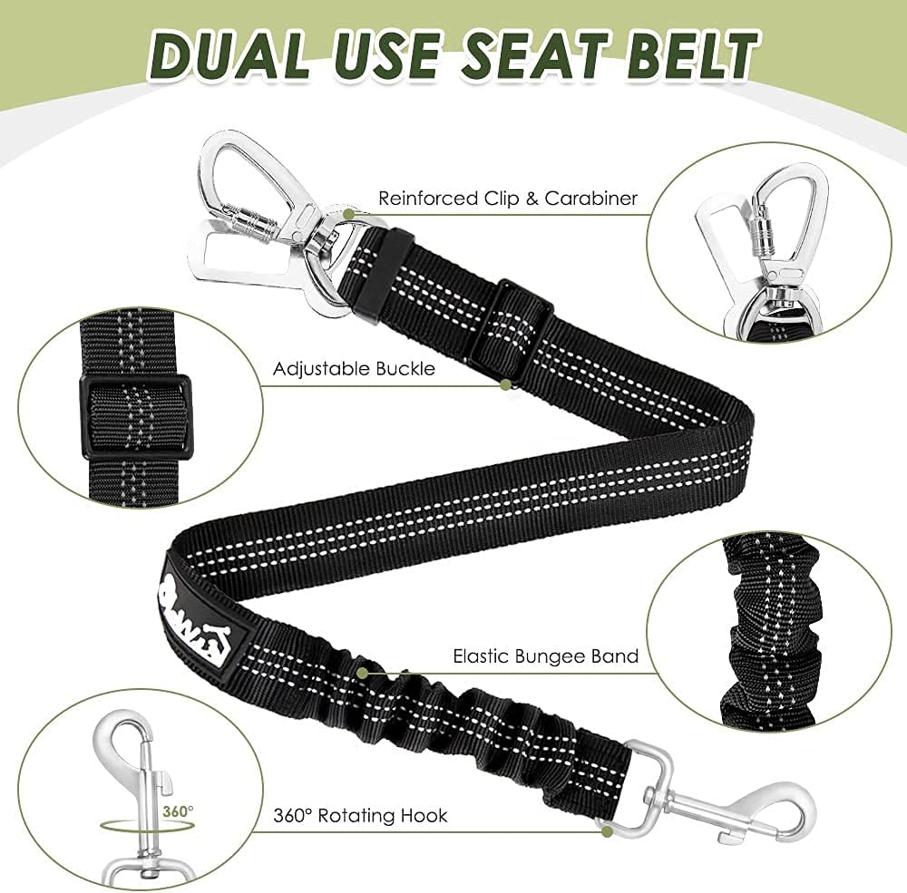 SlowTon Dog Seatbelt, 2 Pack Dog Seat Belt Car Leash Adjustable Elastic Bungee Buffer Heavy Duty Nylon Reflective Pet Safety Tether Connect to Dog Harness for Travel Riding in Vehicle (Daul Clip, B)