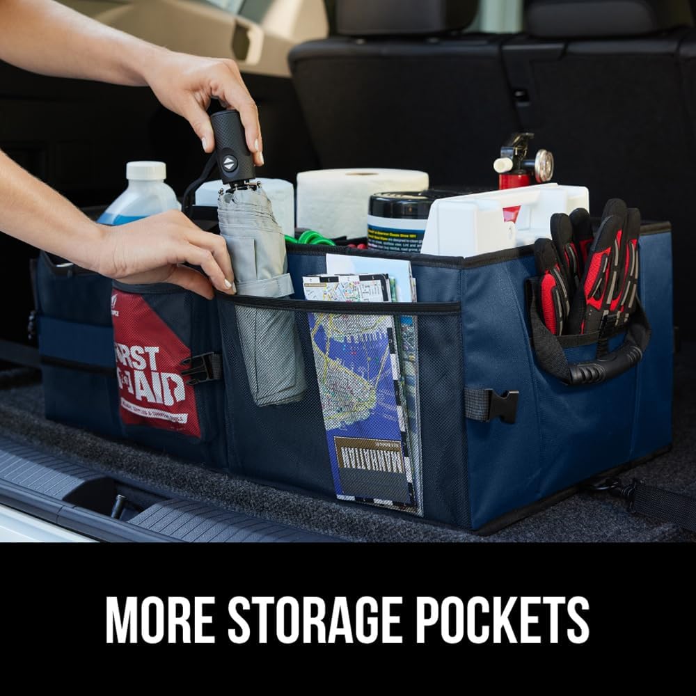 GORILLA GRIP Trunk Organizer for SUV and Cars, Large Capacity Collapsible Car Trunk Storage Organizer, Heavy Duty Car Accessories, Gifts for Mom and Dad, Slip & Water Resistant Multi Compartment, Blue