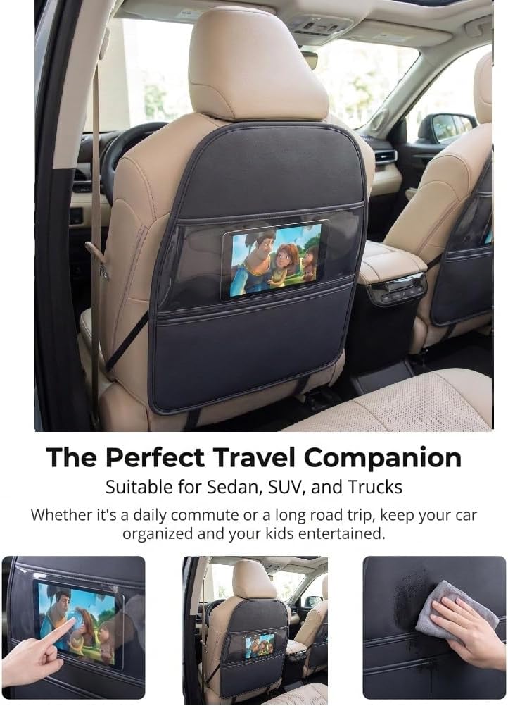 Universal Car Back Seat Protector Kick Mats Fit for Tesla Model 3/Y, Toyota RAV4, Honda CRV, Ford F150, Chevy, SUV & Trucks, Eco-Leather Seat Back Organizer, Waterproof, Black (2 Pack)
