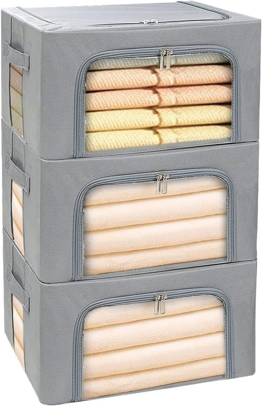 Clothes Storage Box Bins Stackable Foldable Organizer,Sturdy Handles with Metal Frame for Clothing Bedding Shelves,Closet Container with Clear Window Zipper and Label Holder (Gray, 22L x3 Pack)
