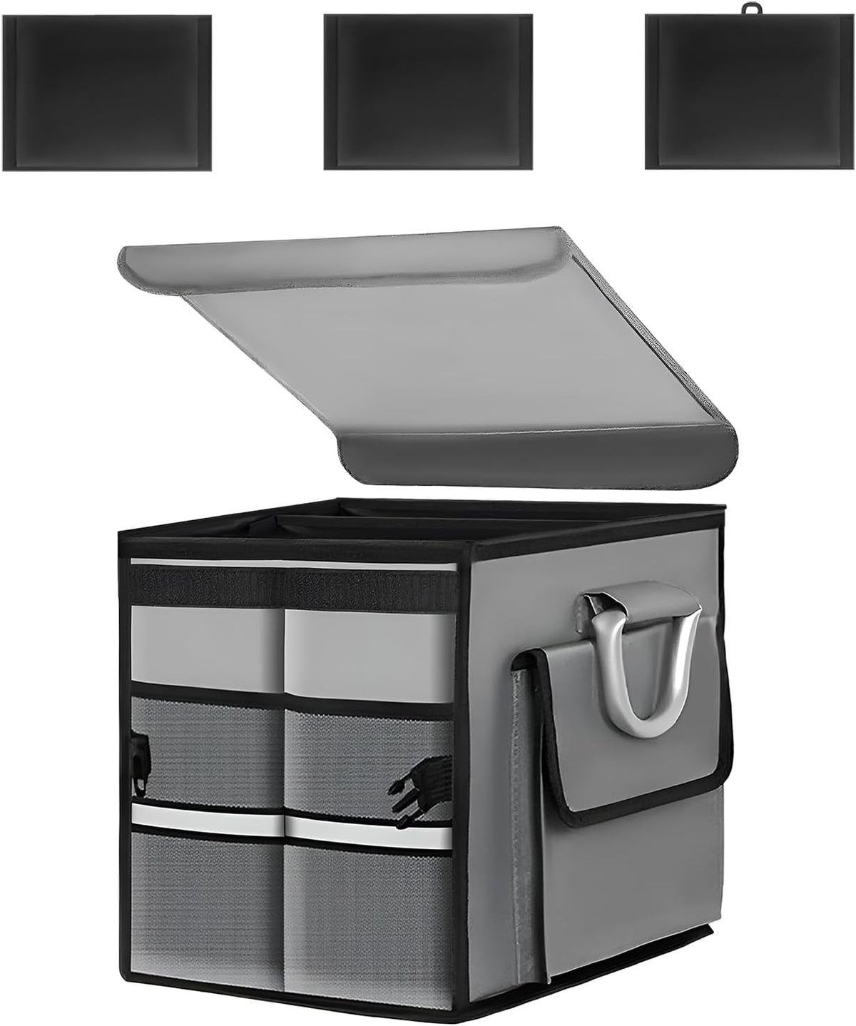 Car Trunk Organizer with Lid, 28L Waterproof Oxford Fabric Auto Trunk Cargo Storage Box w/Aluminium Alloy Handle, Collapsible 2-Compartment Storage Organizer for RV SUV Truck (Black)