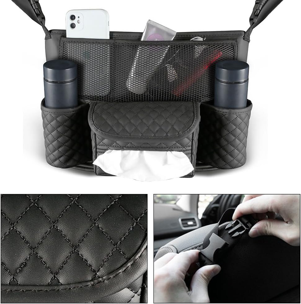 Car Organizer, Leather Large Capacity Car Purse Holder for Front Seat, Seat Back Net Bag Double-sided Tissue Storage Handbag Holder Car Accessories (Brown)