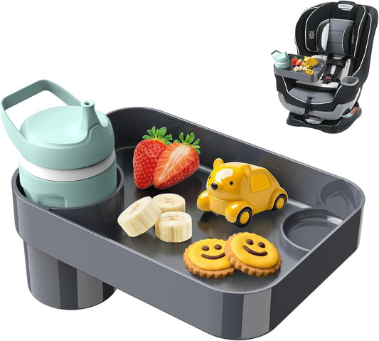 Car Seat Snack Tray for Toddlers - 3 Inch Cup Holder Fits Most Sippy Cups & Straw Bottles with Dip Well, Mess-Free Square Kids Travel Tray Road Trip Essentials, Dark Grey