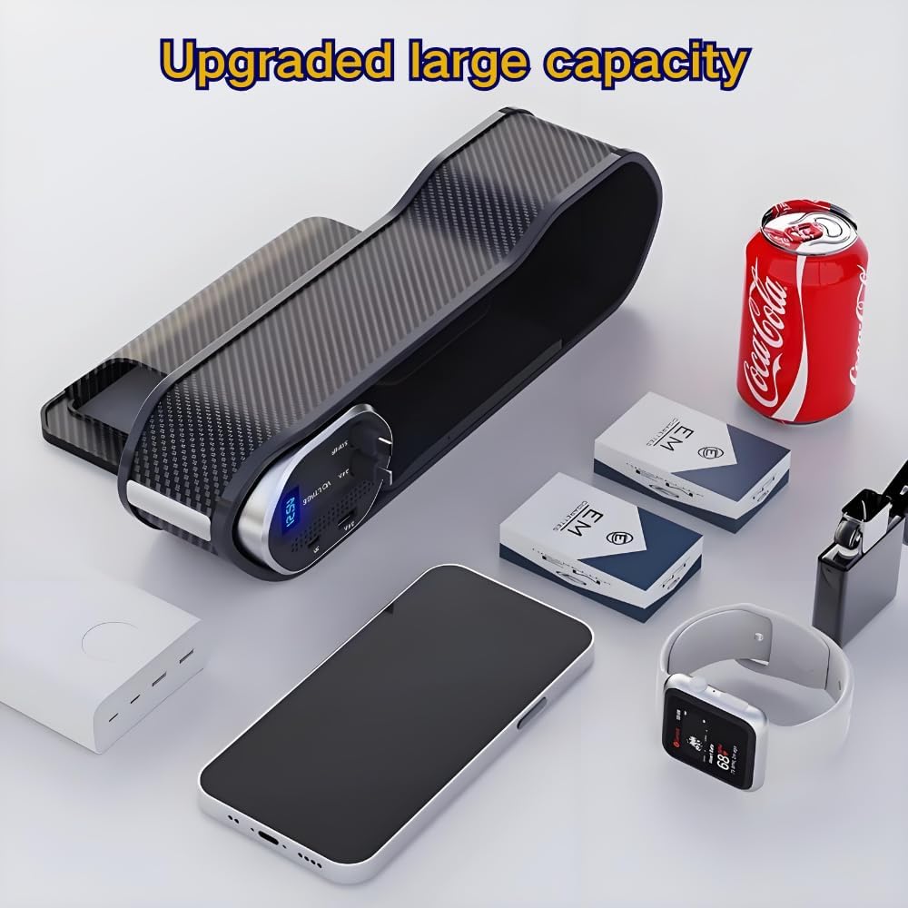 Car Seat Gap Filler Organizer with Wireless Charger & Cigarette Lighter | 2 Charging Cables, Retractable Charging Cords iOS Type-C USB Port Fast Charge Storage Box Cup Holder ( 5 in 1 )
