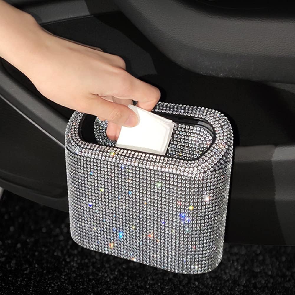 Sparkly Car Trash Car,Hanging Garbage Can with Lid Bling Rhinestone Trash Bin,Litter Container for Vehicle,Office,Home (White)