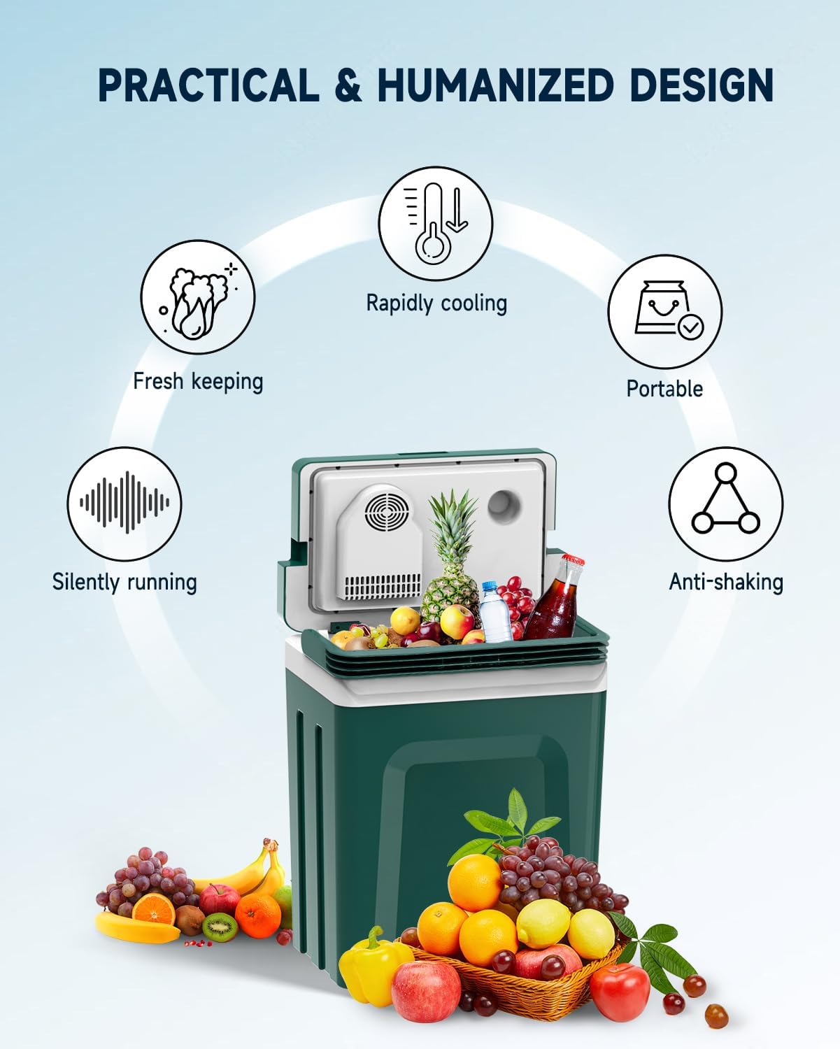 SubSun 27 Quart Electric Cooler and Warmer with Handle, Portable Thermoelectric Fridge, Car Fridge Cooler with 12V DC & 110 AC for Camping, Travel & Picnics, Green