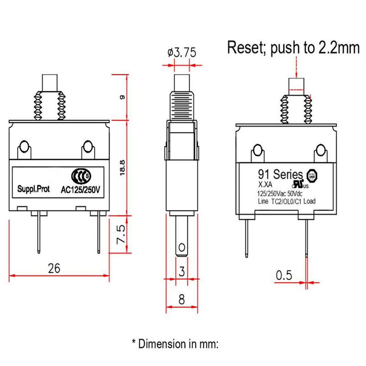 ZOOKOTO 2Pack 125/250V AC 50V DC Manual Reset Push Button Thermal Circuit Breaker 1Amp,Overload Protection Quick Connect Terminals Switch 1A for Upright Vacuum Cleaner Juicer Meat Coffee Grinder